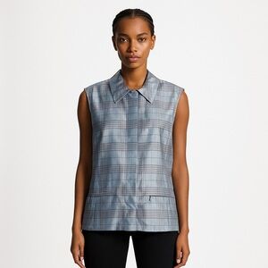 ESCADA 100% SILK Pink Blue Tartan Plaid Full Zip Puffer Vest Jacket‎ Top Size 38